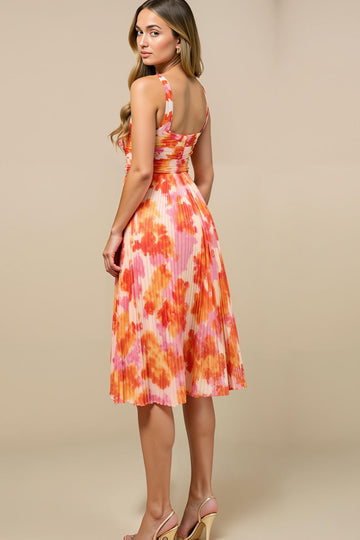 Robe d’été froncée à col en V imprimé coucher de soleil